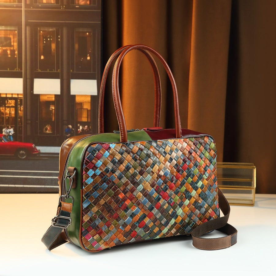 Top Layer Cowhide Patchwork Woven Tote Bag for Women Vintage Large Capacity Shoulder Handbag, Fashion Purse with Artisan Textured Design