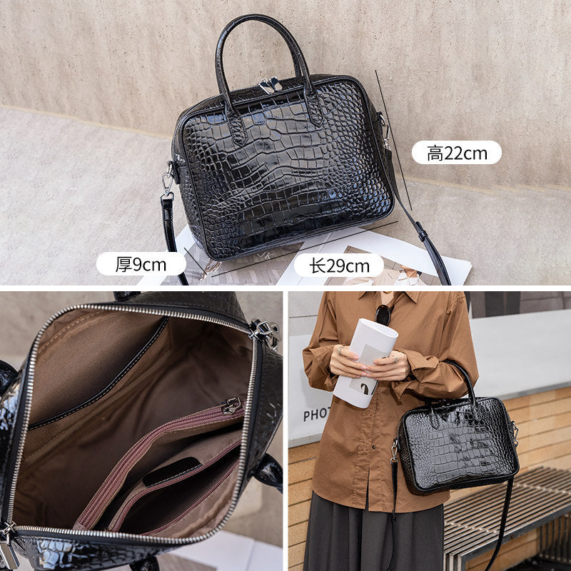 Genuine Leather Crocodile-Embossed Boston Bag for Women, New Stylish Large Capacity Commute Top Handle Crossbody Purse, Versatile Handbag for Ladies