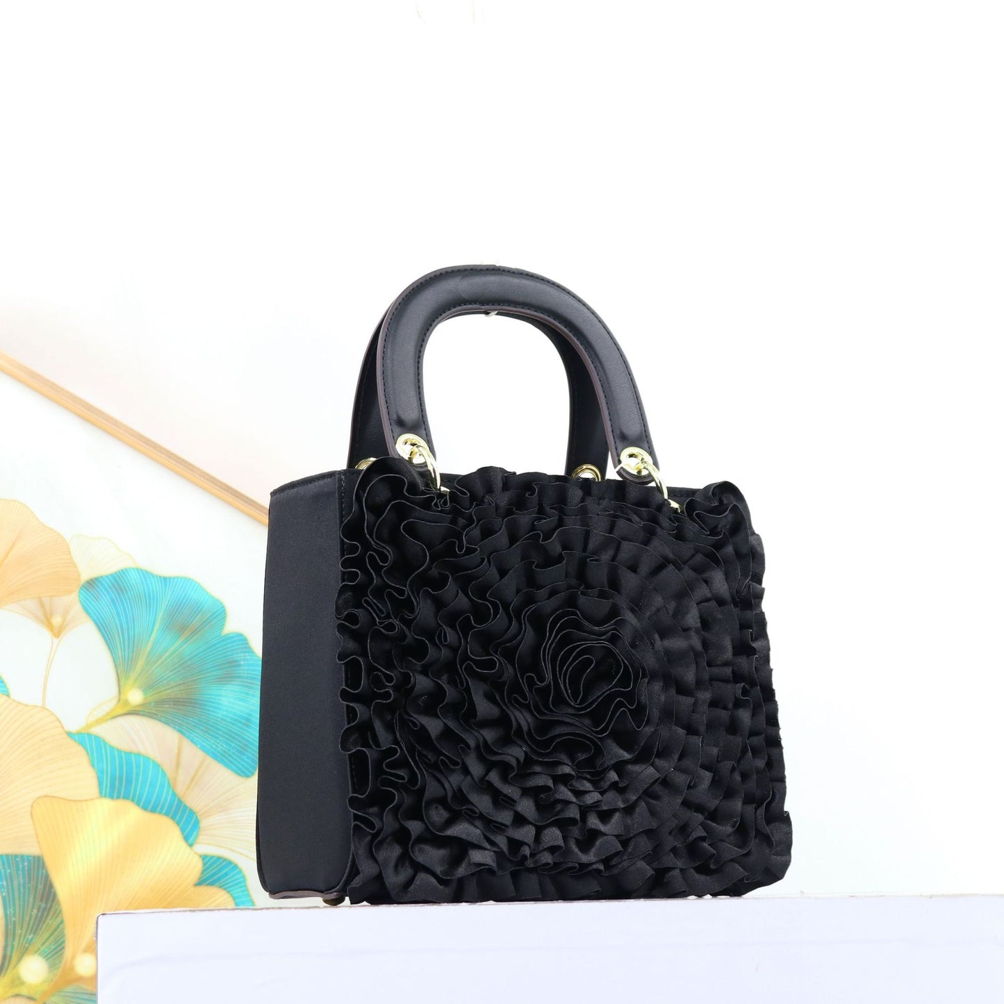 Premium Satin Ruffle Flower Diana-Style Handbag for Women, Exquisite Southeast Asian Designer Bag, High-Quality Ladies Shoulder Purse