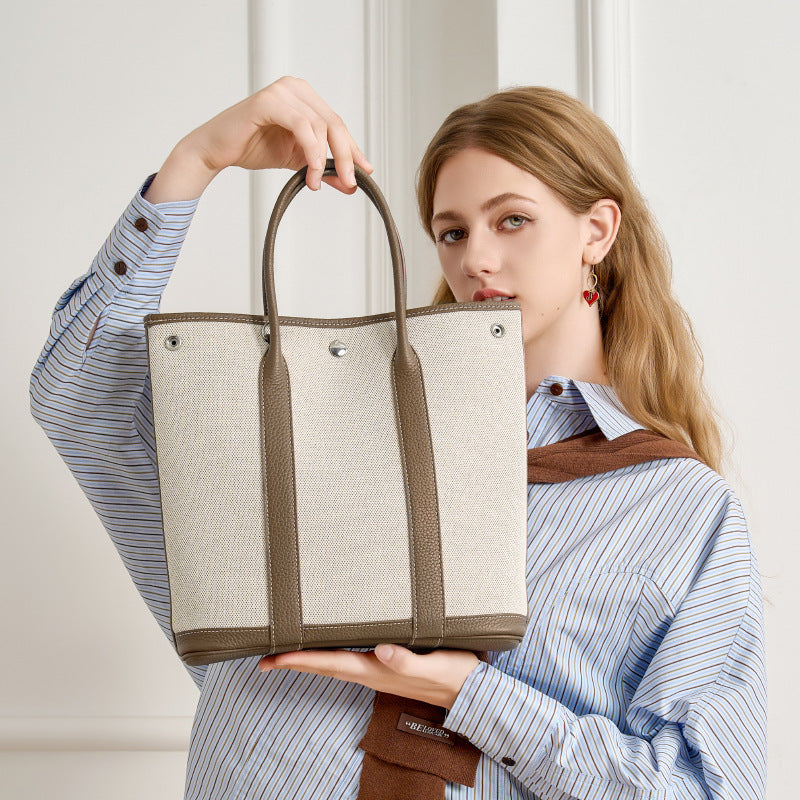 Canvas & Leather Garden Bag in Top Layer Cowhide, Premium Large Capacity Top Handle Purse, Perfect Notebook Handbag for Women