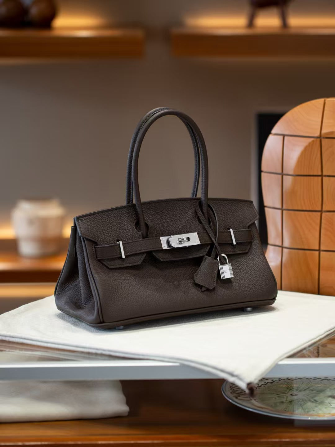 Genuine Togo Leather Birkin-Style Bag for Women, New Vintage Horizontal Top Handle Handbag, Premium Retro Purse for Ladies
