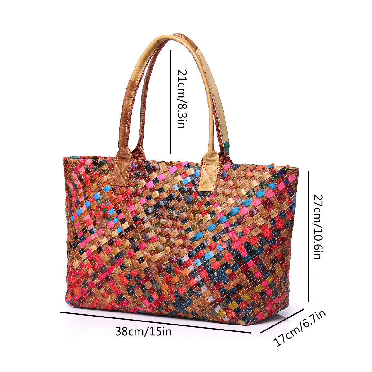 Colorful Stripe Woven Genuine Cowhide Tote, Fashion Designer Shoulder Crossbody Purse, Trendy Handbag for Women