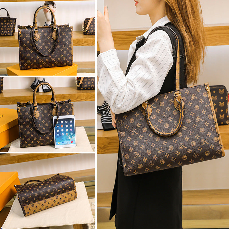 Genuine Leather Printed Tote Bag for Women, New Fashionable Minimalist Large Shoulder Handbag, Versatile Everyday Purse for Ladies