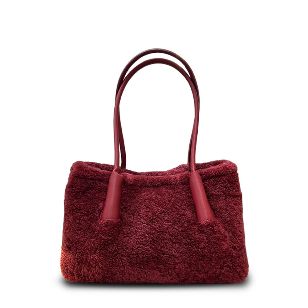 New Fall/Winter Lamb Wool Shoulder Tote, Large High-End Stylish Commuter Bag for Women