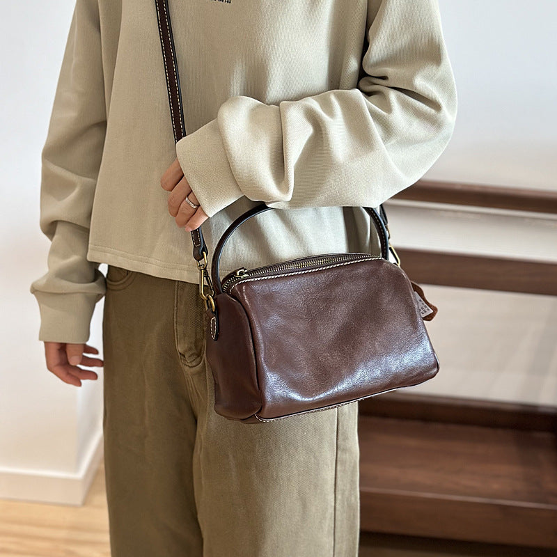 Genuine Vegetable-Tanned Top Layer Cowhide Bag for Women, Vintage Minimalist Shoulder Crossbody Top Handle Purse, Unique Lunch Box Style Small Handbag for Ladies