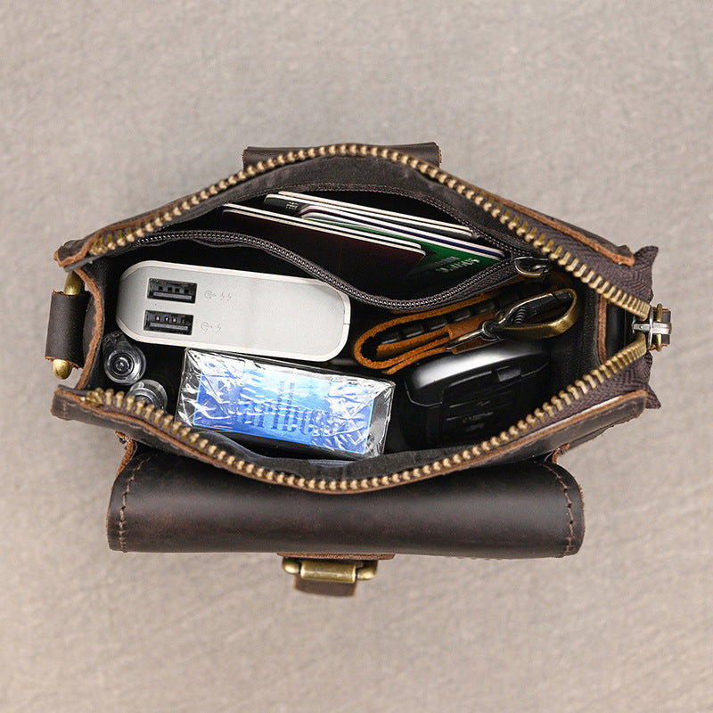 Crazy Horse Leather Small Phone Crossbody Shoulder Bag, Square Travel Sling Pouch with Belt Waist Pack for Men