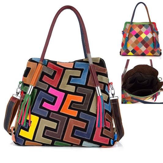 Genuine Cowhide Color Block Tote Bag for Women, New Niche Designer Handmade Pattern Shoulder Purse, Trendy Everyday Handbag for Ladies