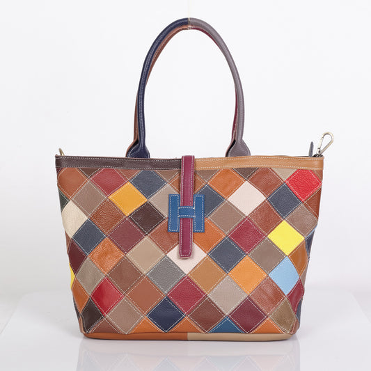 Premium Genuine Leather Patchwork Tote for Women | Ethnic Style Floral Color-Block Handbag with Unique Artistic Design | Versatile 3-in-1 Top-Handle/Shoulder/Cross-Body Carry | Large-Capacity Spacious Purse for Work, Errands, Travel & Everyday Chic