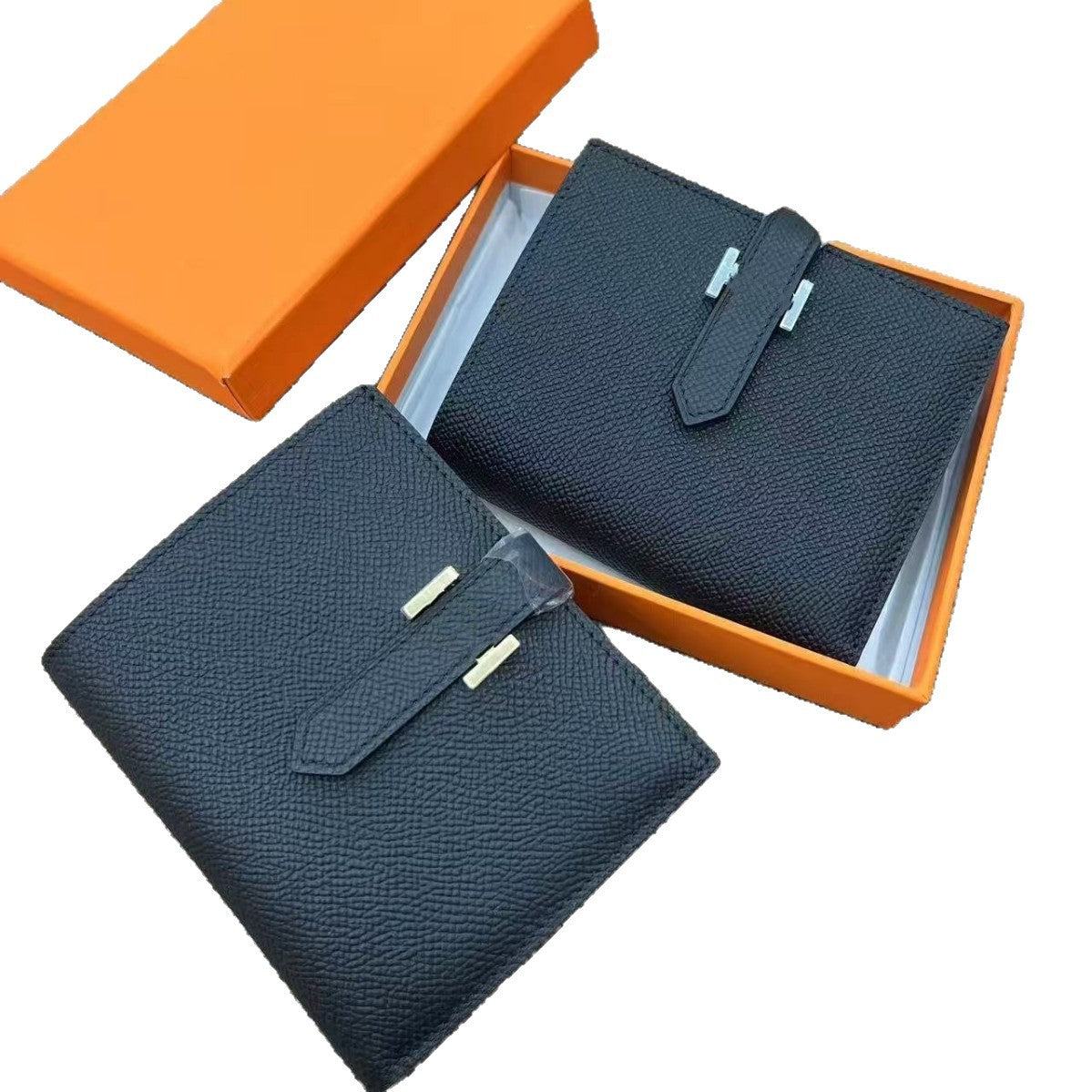 Genuine Leather Wallet for Men, Hermès-Inspired Epsom Leather Bifold Money Clip Wallet with Snap Closure, RFID Blocking Card Holder with 12 Card Slots and 2 Cash Compartments, Large Capacity Business Wallet