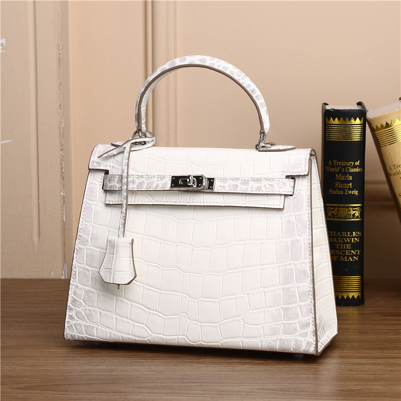 New Arrival Matte Croc-Effect Kelly-Inspired Handbag for Women, Premium Genuine Leather Shoulder Top-Handle Crossbody Bag with Versatile Banquet Design
