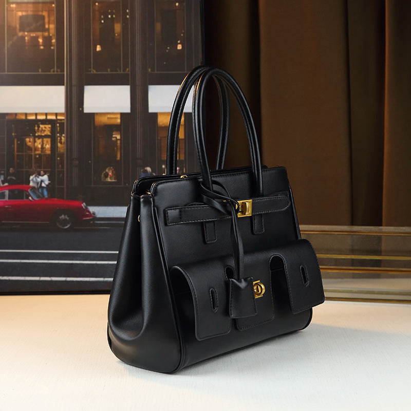 Designer Lock Buckle Multi-Pocket Tote Bag for Women Black Large Capacity Shoulder Crossbody Handbag, Versatile Biker-Style Purse with Edgy Hardware