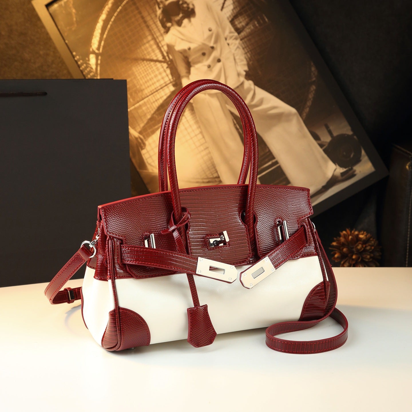 Chic Lizard-Effect Birkin-Inspired Tote Bag for Women, Premium Genuine Leather Top-Handle Crossbody Shoulder Handbag with Trendy Elegant Design, Ideal Everyday Purse for Mom