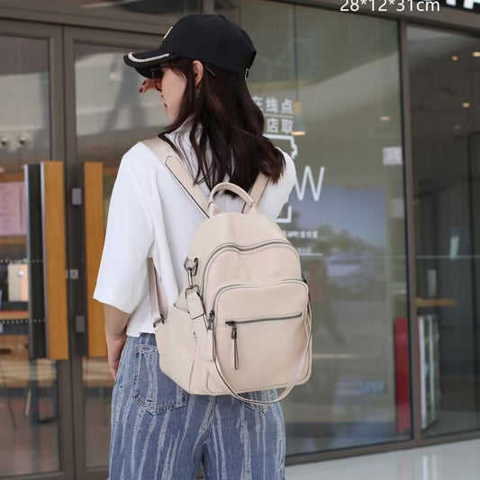 Genuine Top Layer Pebbled Cowhide Leather Backpack for Women, Multi-Pocket Large Capacity Commute Casual Daypack, Versatile Travel Shoulder Bag for Ladies