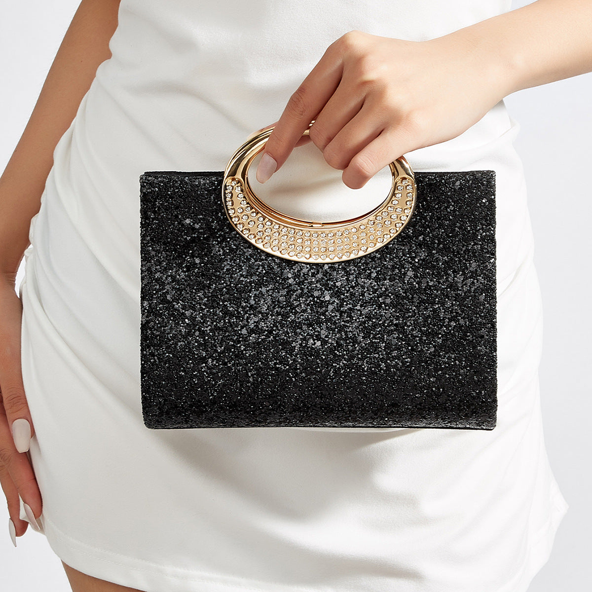 Genuine Leather Vintage Large Ring Evening Clutch for Women, Premium Textured Sparkly Top Handle Purse, European Style Fashionable Handbag for Ladies