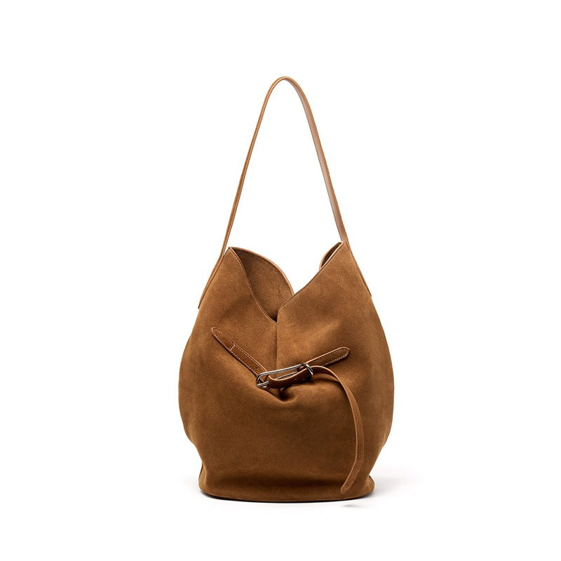Genuine Top Layer Cowhide Bucket Tote Bag for Women, Korean Style Niche Fashionable Large Capacity Shoulder Top Handle Purse, Premium Handbag for Ladies
