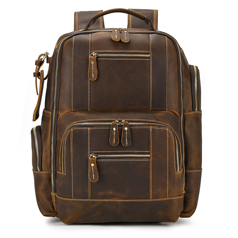 Multifunctional Crazy Horse Leather Large Capacity Backpack, Outdoor Travel School Daypack, Fits 15-Inch Laptop for Men