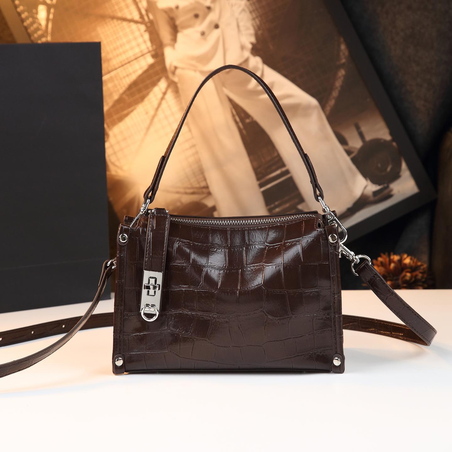 New Arrival Vintage Croc-Effect Genuine Leather Box Bag for Women, A Fashionable Top-Handle Crossbody Shoulder Handbag with Versatile Design