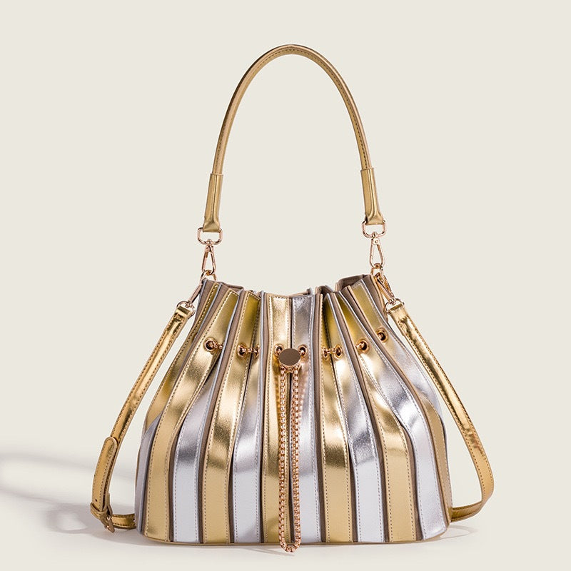 Glossy Light Luxury Bucket Bag Set for Women Niche Designer Pleated Large Capacity Shoulder Sub-Bag Handbag with Premium Finish