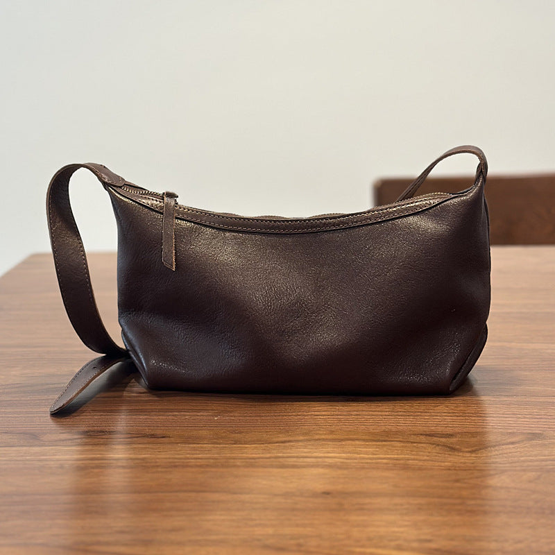 Vegetable-Tanned Soft Cowhide Crossbody Bag for Women, Vintage Pleated Shoulder Purse, Casual Small Leather Handbag for Ladies