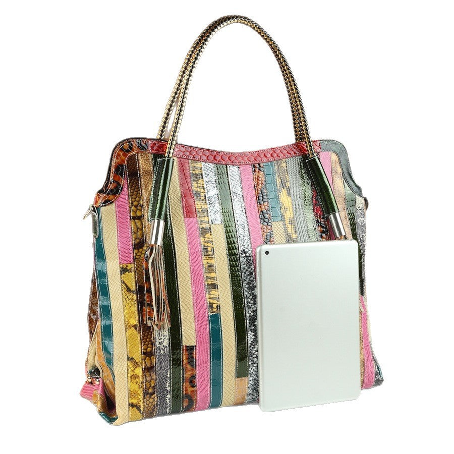 New Arrival Colorful Strap Genuine Leather Tote Bag for Women, A Casual Large Crossbody Shoulder Handbag with Unique Spliced Design