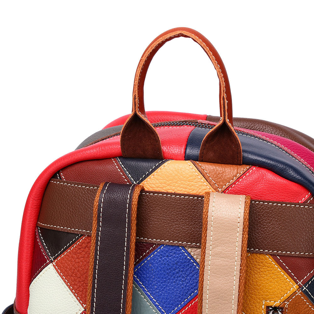 Premium Top-Layer Cowhide Leather Backpack for Women | Colorful Plaid Color-Block Design with Ethnic Bohemian Flair | Casual Trendy Rucksack for Travel, School & Daily Outings | Spacious Lightweight Daypack with Unique Artistic Style