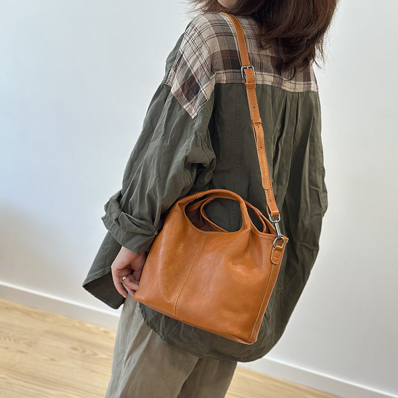 Genuine Vegetable-Tanned Cowhide Handbag for Women, New Fall Light Vintage Shoulder Crossbody Top Handle Purse, Minimalist Versatile Everyday Bag for Ladies