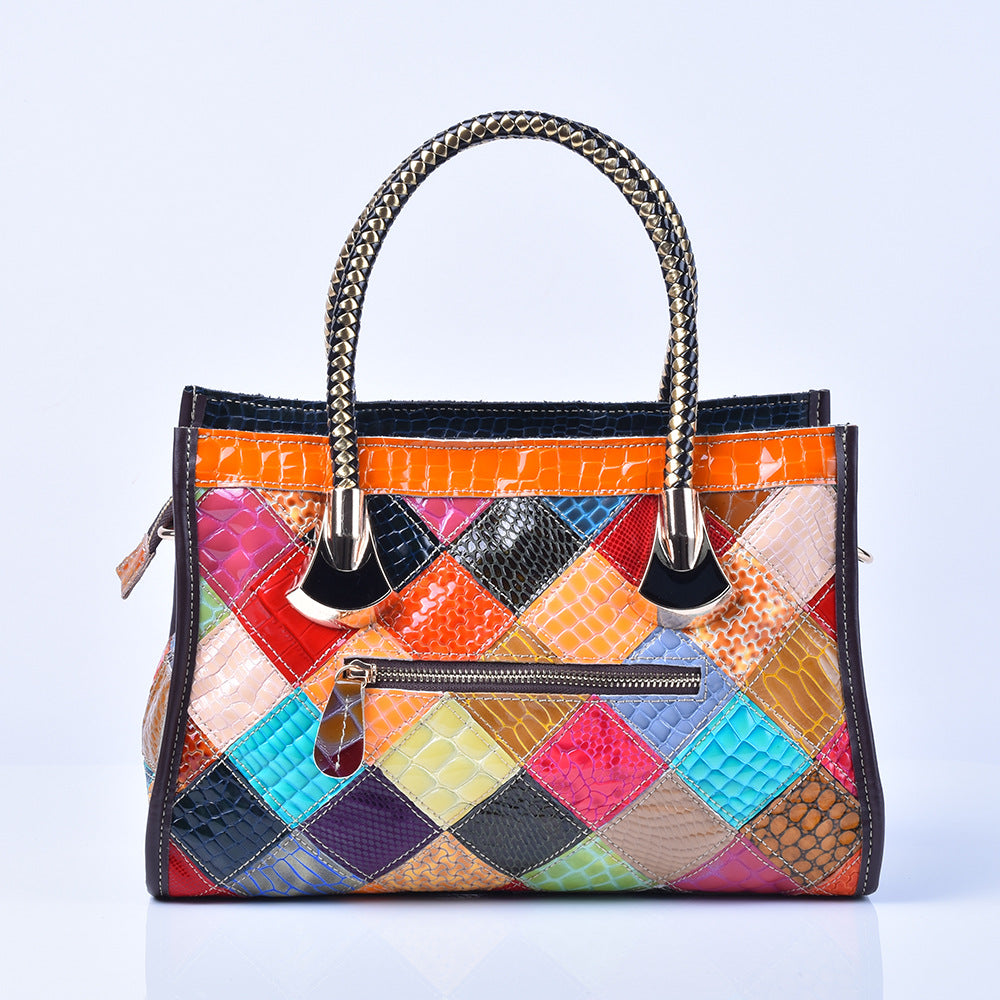 Snakeskin Patent Leather Color Block Bag, Trendy Shoulder Crossbody Purse, Cool Chic Handbag for Women