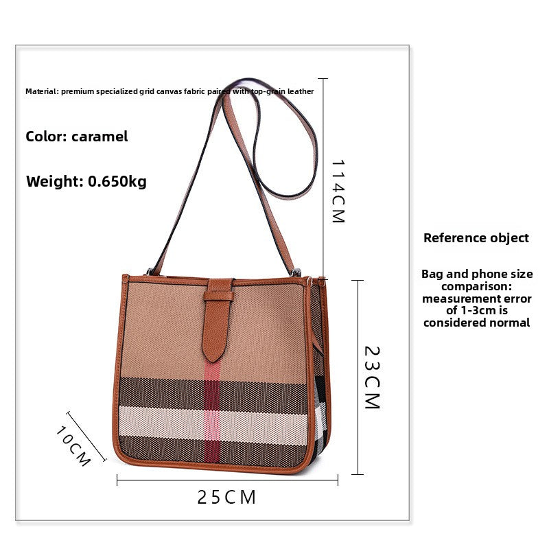 New Premium Plaid Canvas Small Square Bag, Leather Trim Crossbody Shoulder Purse, Versatile Trendy Handbag for Women