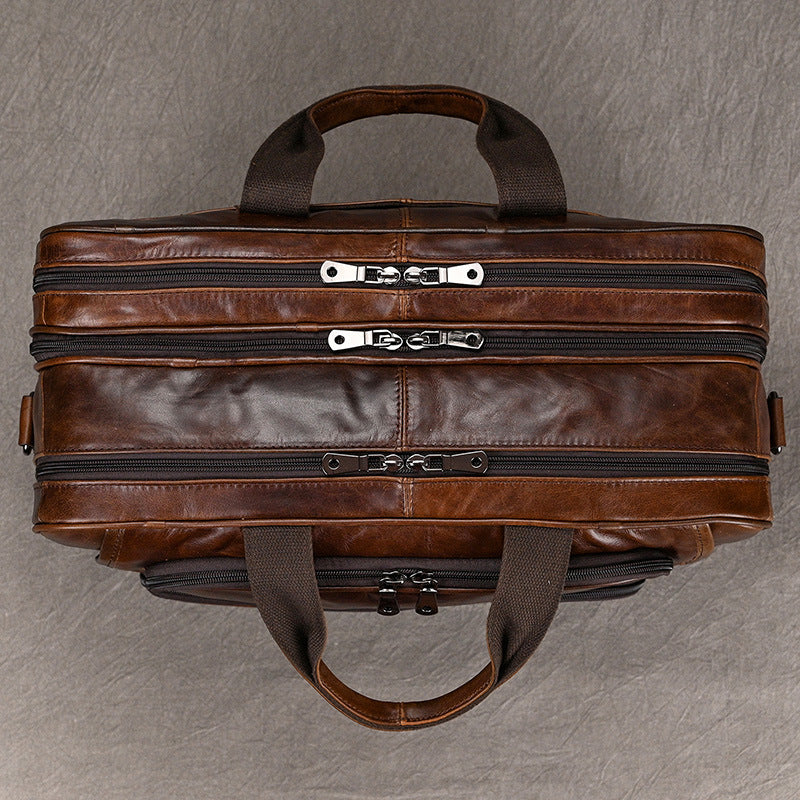 Genuine Oil Leather 17-Inch Laptop Briefcase for Men, New Large Capacity Business Top Handle Shoulder Bag, Premium Leather Work Commute Bag for Gentlemen