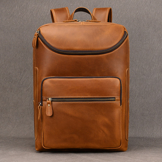 Vintage Crazy Horse Leather 16-Inch Laptop Backpack, Large Capacity Travel Daypack, Durable Genuine Leather Bag for Men