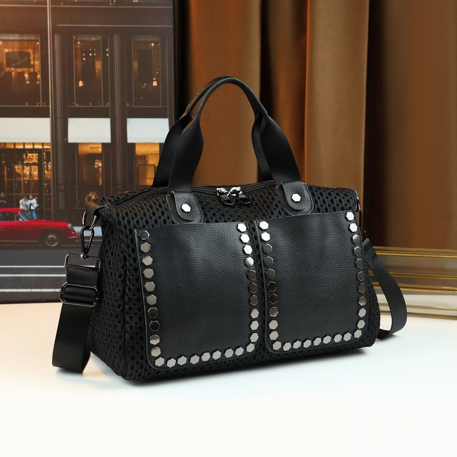 Mesh Studded Pillow Bag for Women Large Capacity Shoulder Crossbody Handbag, Bestselling Japanese/Korean Style Purse with Edgy Hardware