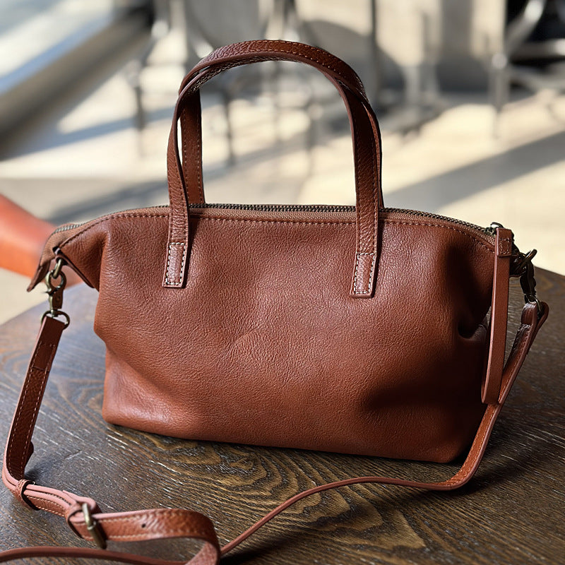 Genuine Top Layer Cowhide Dumpling Bag for Women, Exquisite Shoulder Crossbody Purse, Vegetable-Tanned Pleated Top Handle Handbag, Chic Everyday Bag for Ladies
