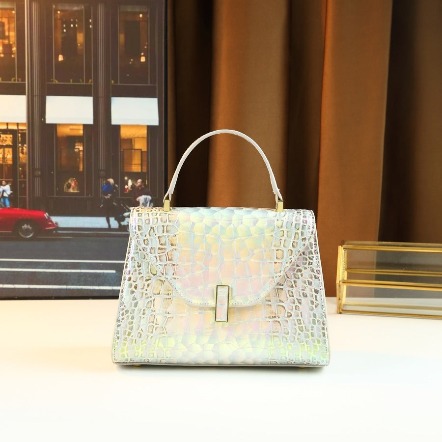 Chic Iridescent Croc-Effect Small Square Bag for Women, A Light Luxury Top-Handle Crossbody Shoulder Handbag with Shimmering Finish, Perfect for Summer Style