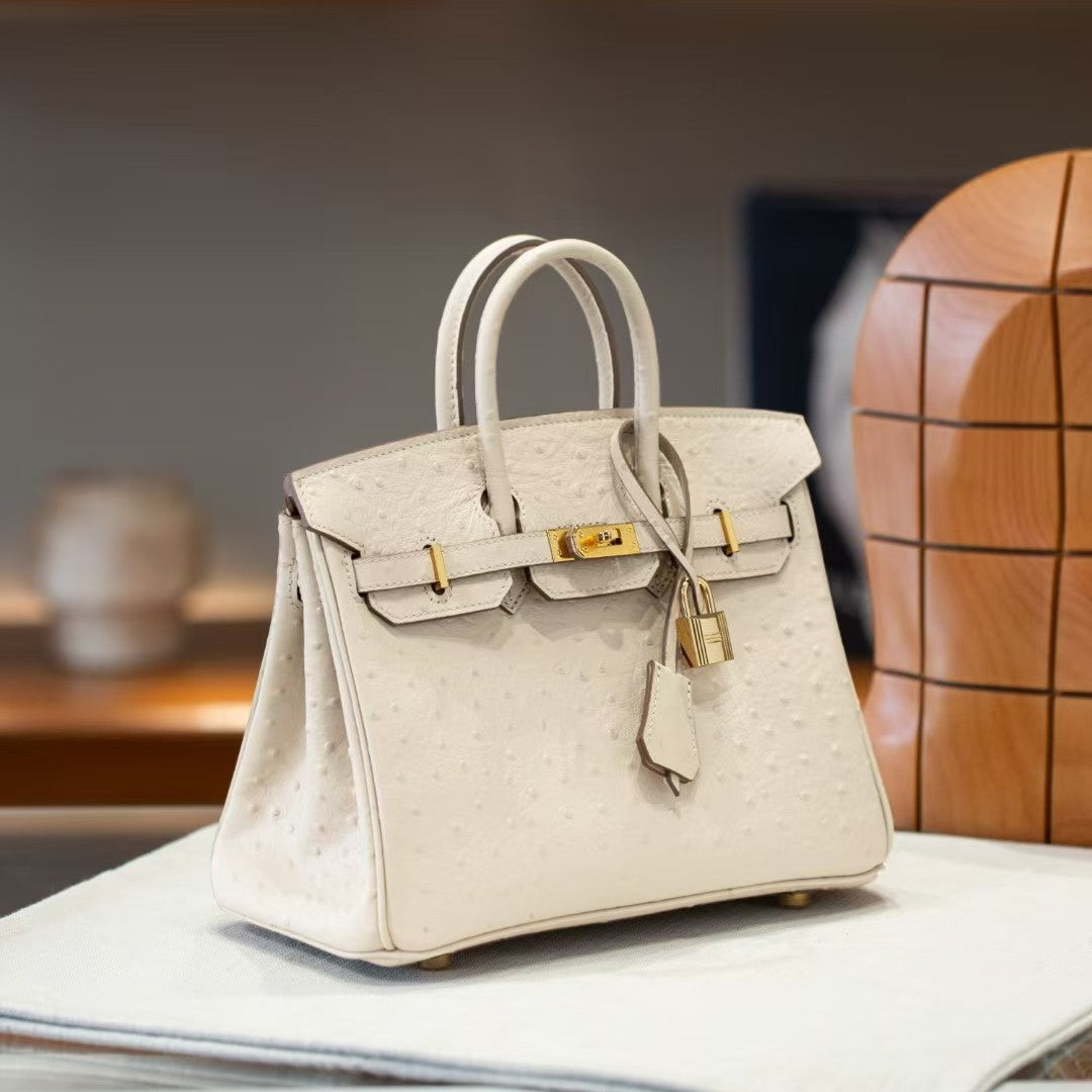 Genuine Top Layer Cowhide Ostrich-Embossed Birkin-Style Bag for Women, New Large Capacity Casual Top Handle Handbag, Premium Leather Purse for Ladies
