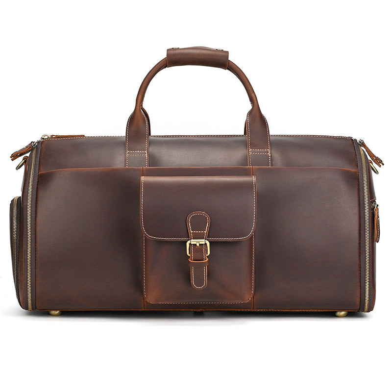 New Crazy Horse Leather Foldable Suit Travel Duffle, Wet-Dry Separated Garment Bag, Versatile Gym Weekender for Men