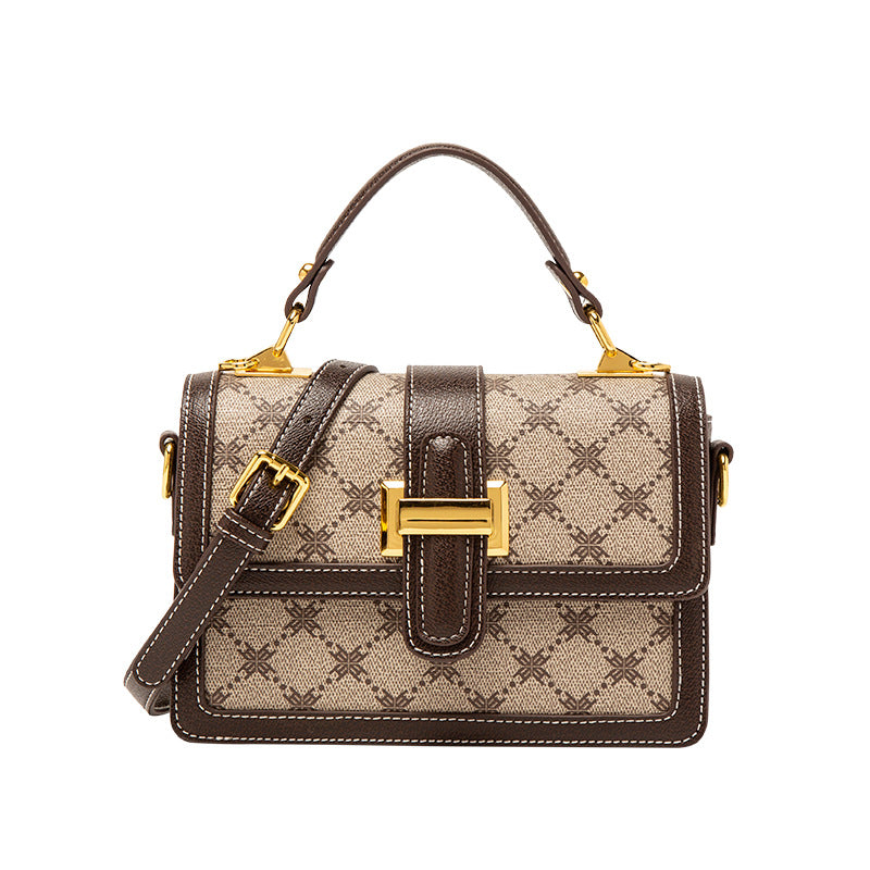 Genuine Leather Small Square Bag for Women, New Fashionable Printed Shoulder Crossbody Purse, Versatile Top Handle Handbag for Ladies