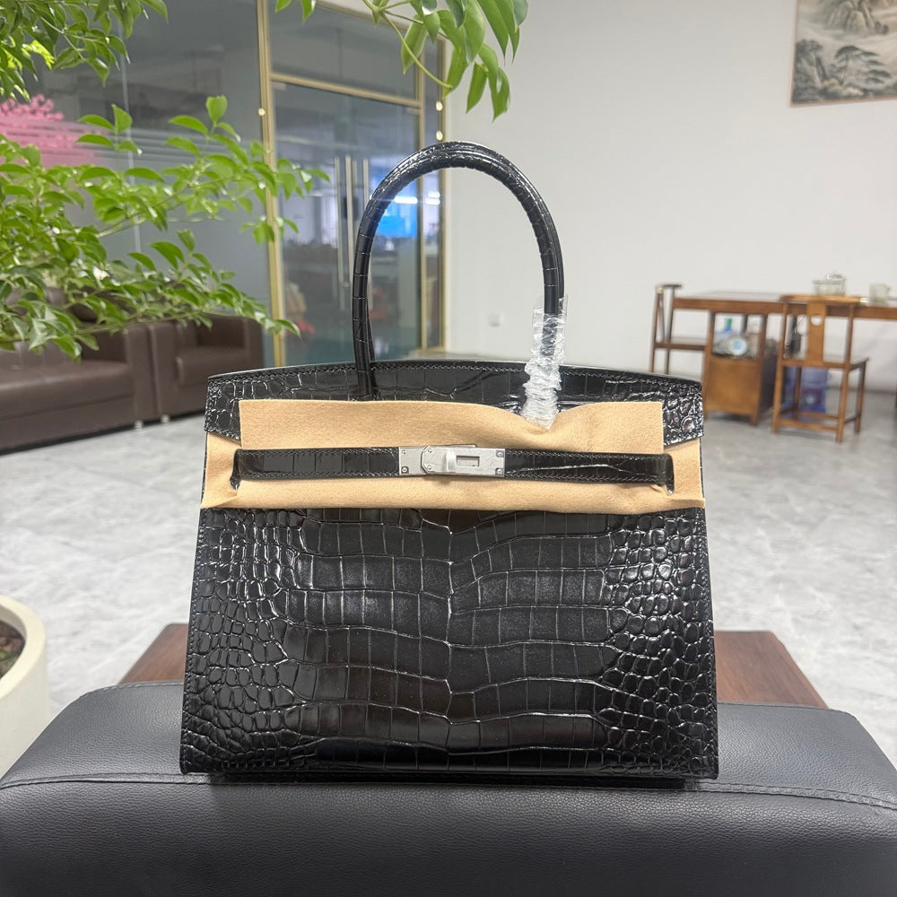 Genuine Top Layer Cowhide Crocodile-Embossed Birkin-Style 30 Bag for Women, External Stitching Hand-Stitched Waxed Thread with Steel Hardware, Burnished Edge Finish Handbag for Ladies