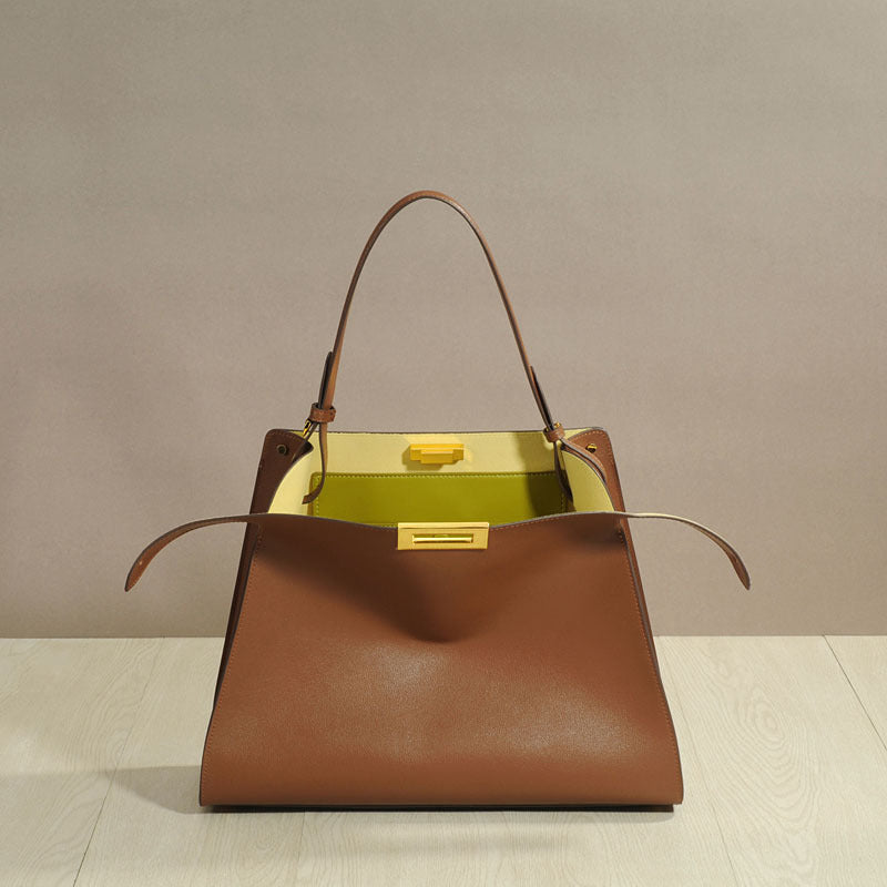 Premium Calfskin Leather Peekaboo Style Large Shoulder Tote Crossbody Handbag for Women, Top Handle Underarm Bag with X-Lite Design