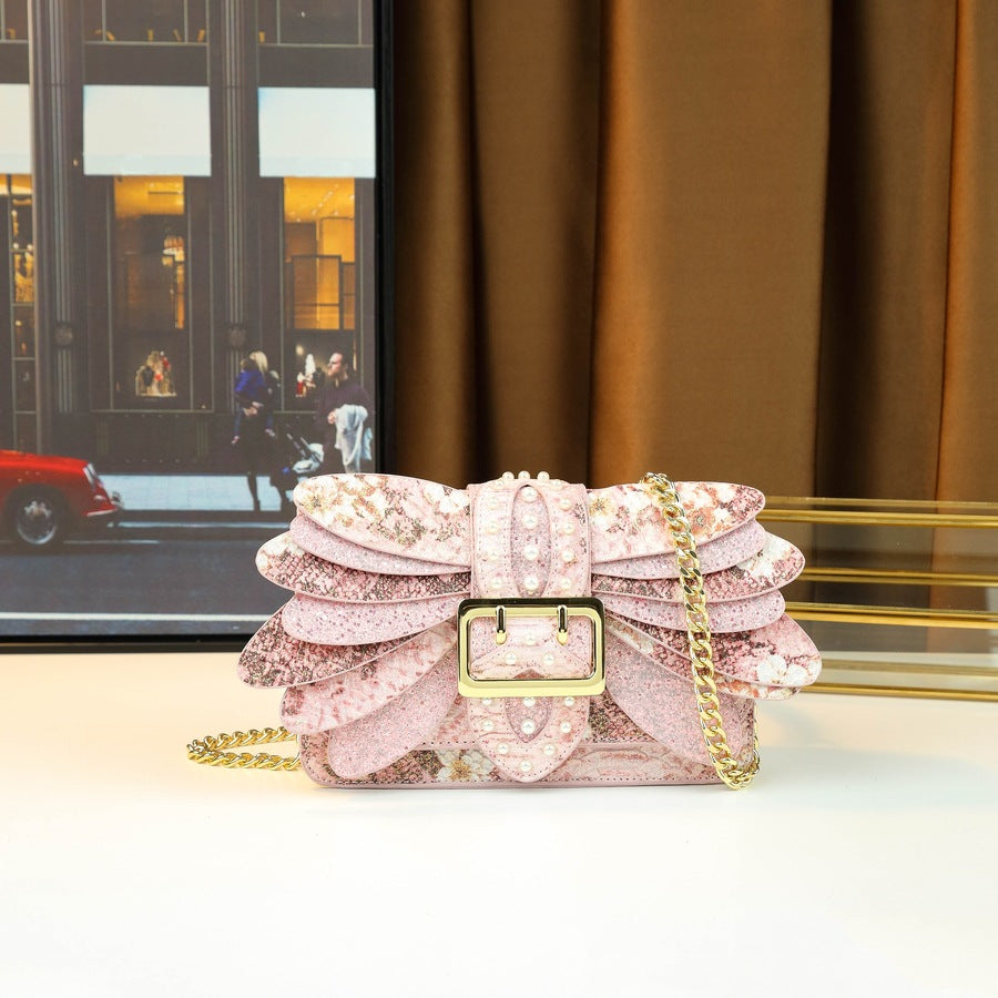Butterfly Wing Mini Square Bag for Women with Pearl Chain, Trendy Shoulder Crossbody Handbag with Versatile Fashion Design