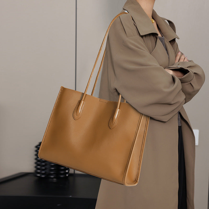 New Korean Style Genuine Leather Large Tote Bag, Premium Commute Shoulder Handbag, Spacious Everyday Purse for Women