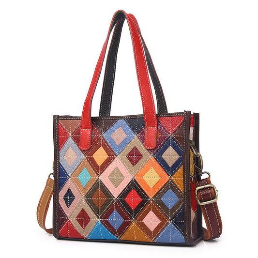 Premium Top-Layer Cowhide Leather Patchwork Tote for Women | Colorful Color-Block Trendy Handbag with Unique Artistic Design | Versatile Cross-Body Shoulder Purse for Work, Errands & Travel | Statement Fashion Piece with Vibrant Contrast Styling
