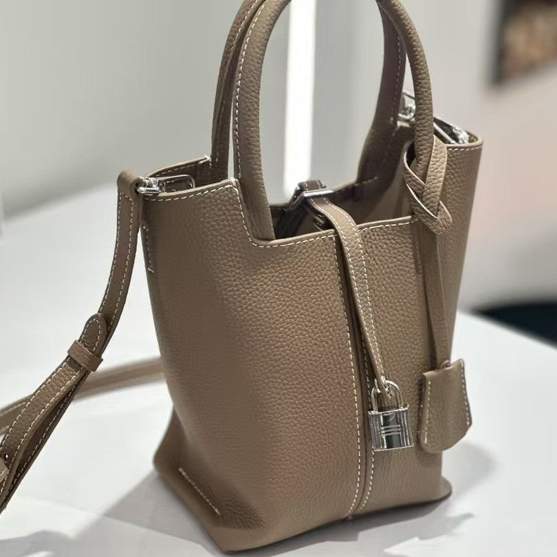 Genuine Top Layer Cowhide Bucket Tote Bag for Women, Versatile Leather Basket Handbag, Premium Top Handle Purse with Chic Elegant Style for Ladies