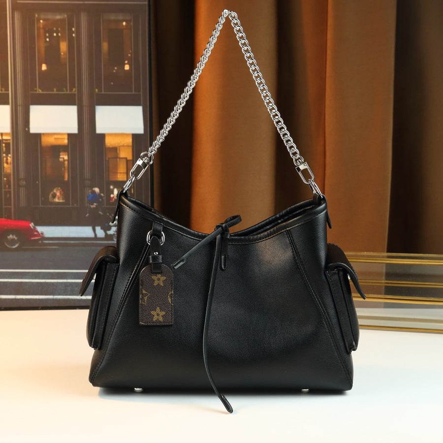 Black Samurai Chain Tote Bag for Women Large Capacity Commuter Shoulder Crossbody Handbag, Premium Versatile Purse with Edgy Hardware Detail