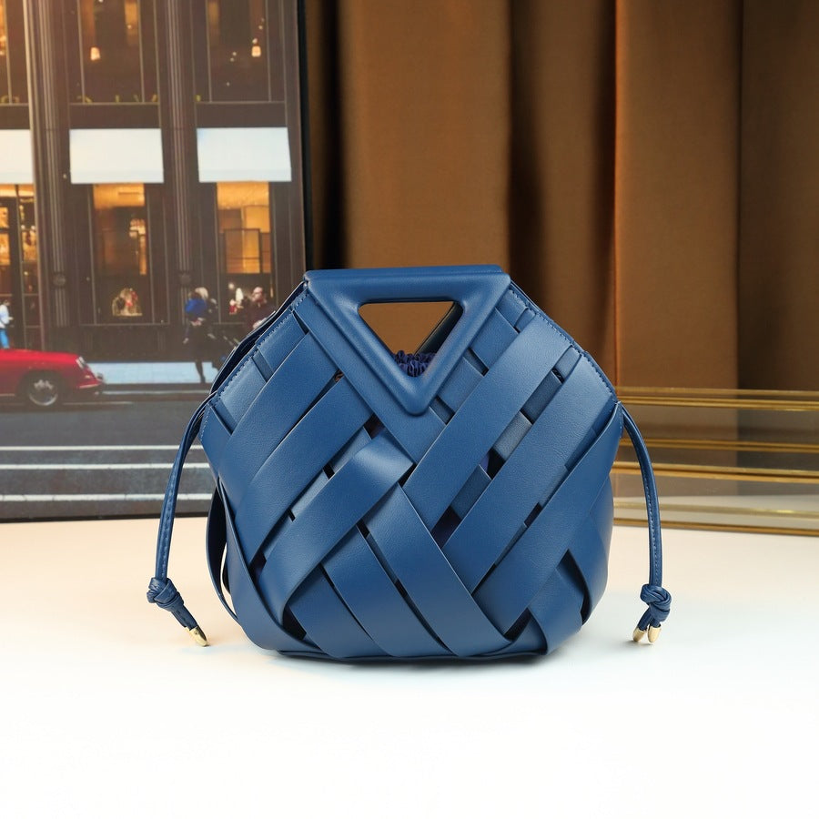 Woven Hollow Basket Bucket Bag for Women Genuine Leather Shoulder Crossbody Handbag, Fashionable Purse with Natural Artisan Texture
