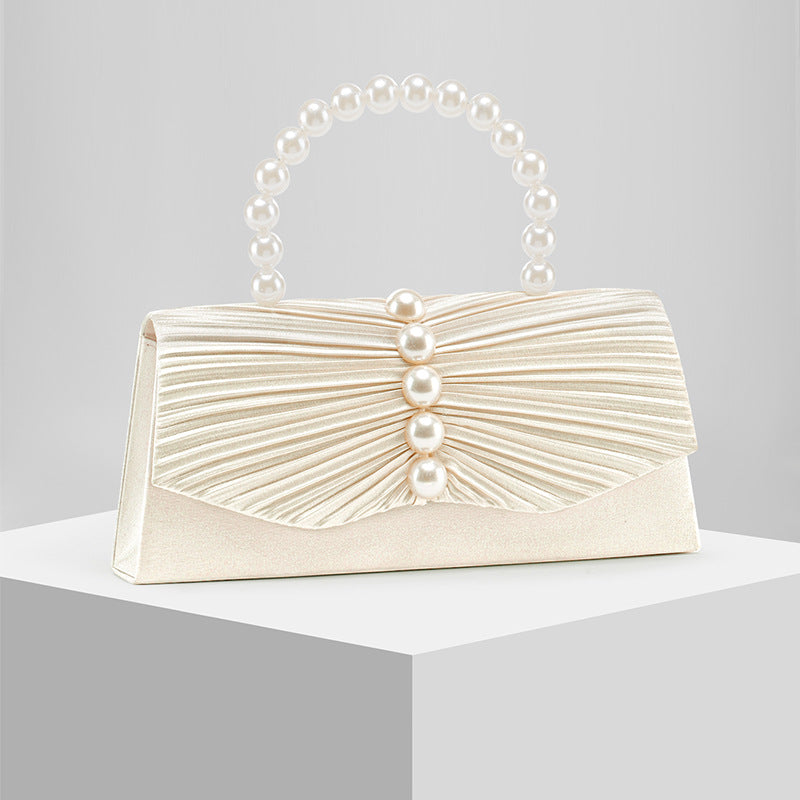 Satin Pearl Embellished Evening Clutch for Women, New Pleated Formal Gown Purse, Elegant Party Handbag for Ladies