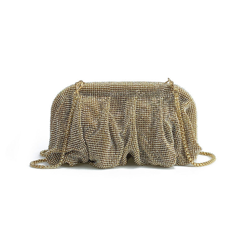 Light Luxury Handmade Rhinestone Evening Clutch for Women, Sparkly Pleated Party Bag, Crystal-Studded Shoulder Crossbody Purse for Formal Events