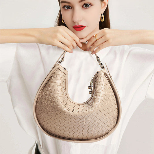 New Handwoven Crescent Bag in Genuine Leather, Large Capacity Commute Shoulder Crossbody Underarm Top Handle Purse, Stylish Handbag for Women