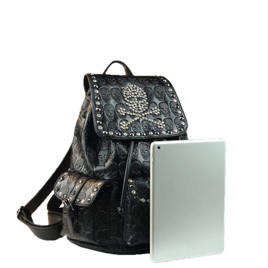 Halloween Skull Backpack for Men Women Rhinestone Studded Large Capacity Daypack, Gothic Punk Travel Backpack with Sparkling Crystal Embellishments