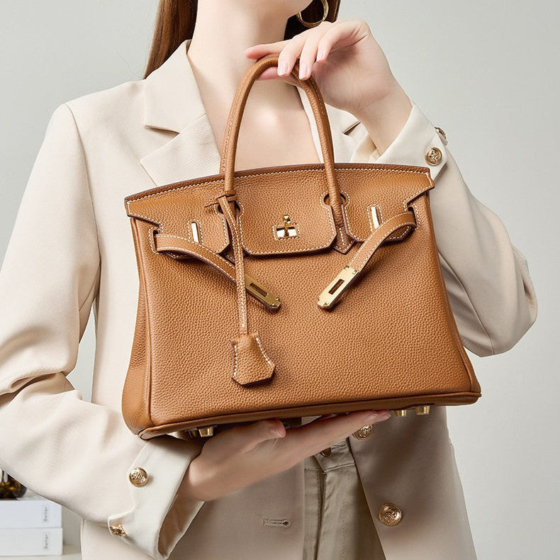 Premium Top-Layer Cowhide Leather with Pebbled Texture, Birkin-Inspired Tote Bag for Women, Spacious Large Capacity Top-Handle Shoulder Crossbody Handbag with Luxurious Feel