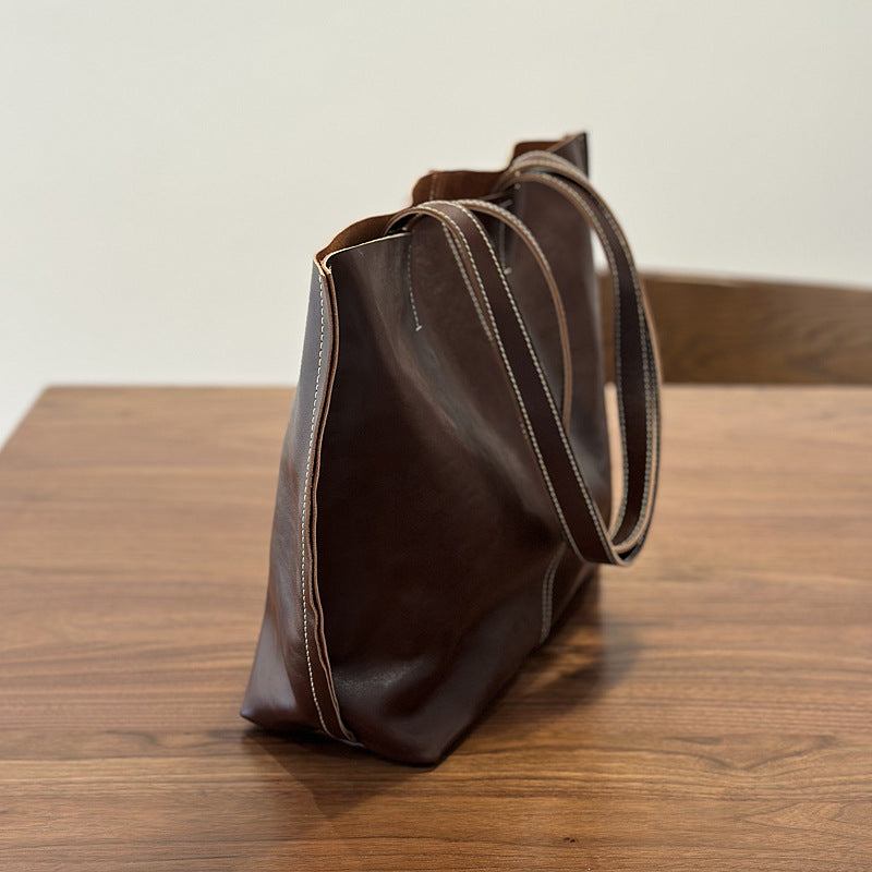 Genuine Top Layer Cowhide Tote Bag for Women, New Vintage Large Capacity Shoulder Top Handle Handbag, Minimalist Everyday Purse for Ladies